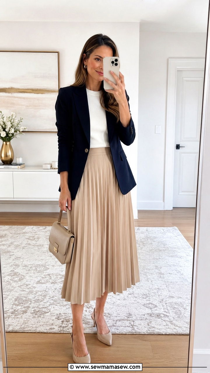 Pleated Midi Skirt and Blazer Outfit - 30 Midi skirt outfit ideas with a blazer