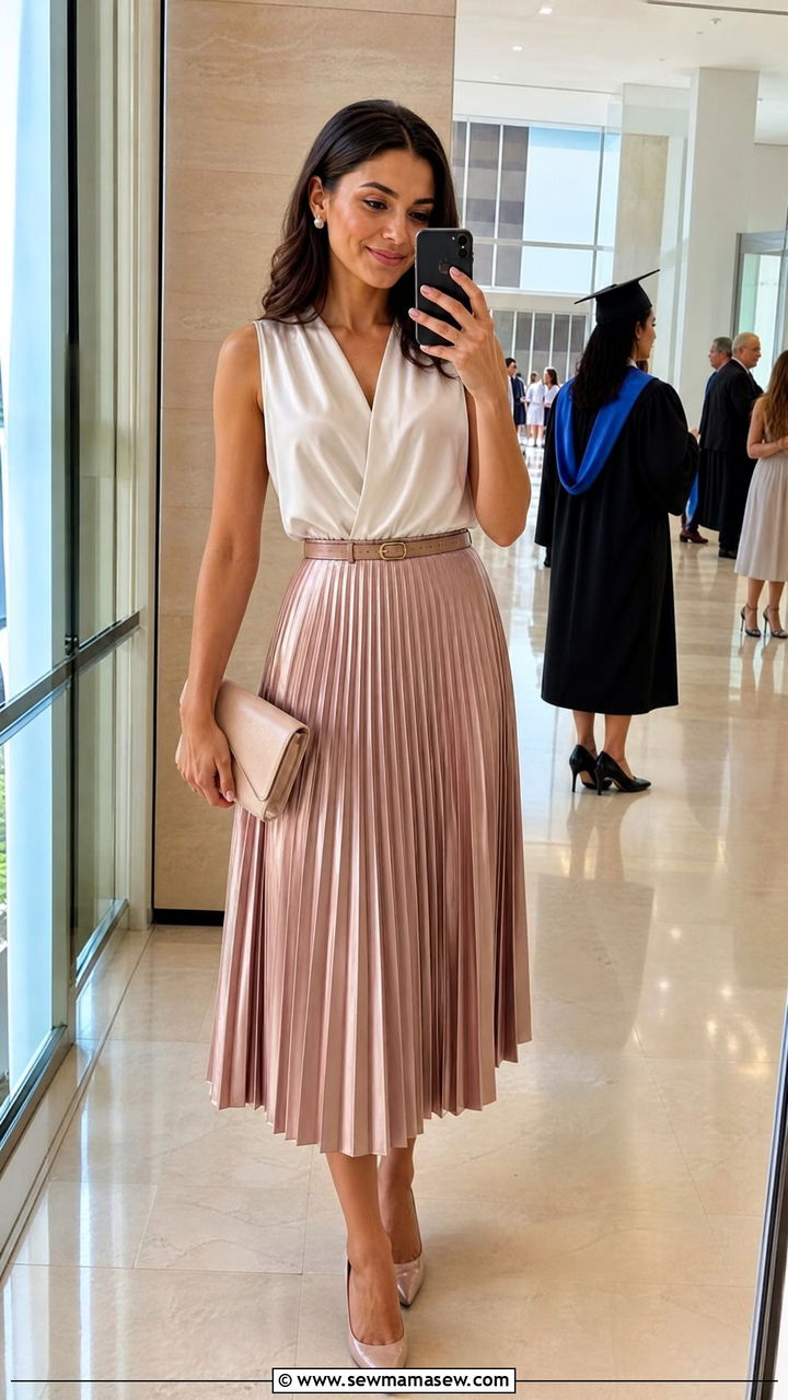 Pleated Midi Skirt and Blouse Graduation Outfit - 30 Cute graduation outfits
