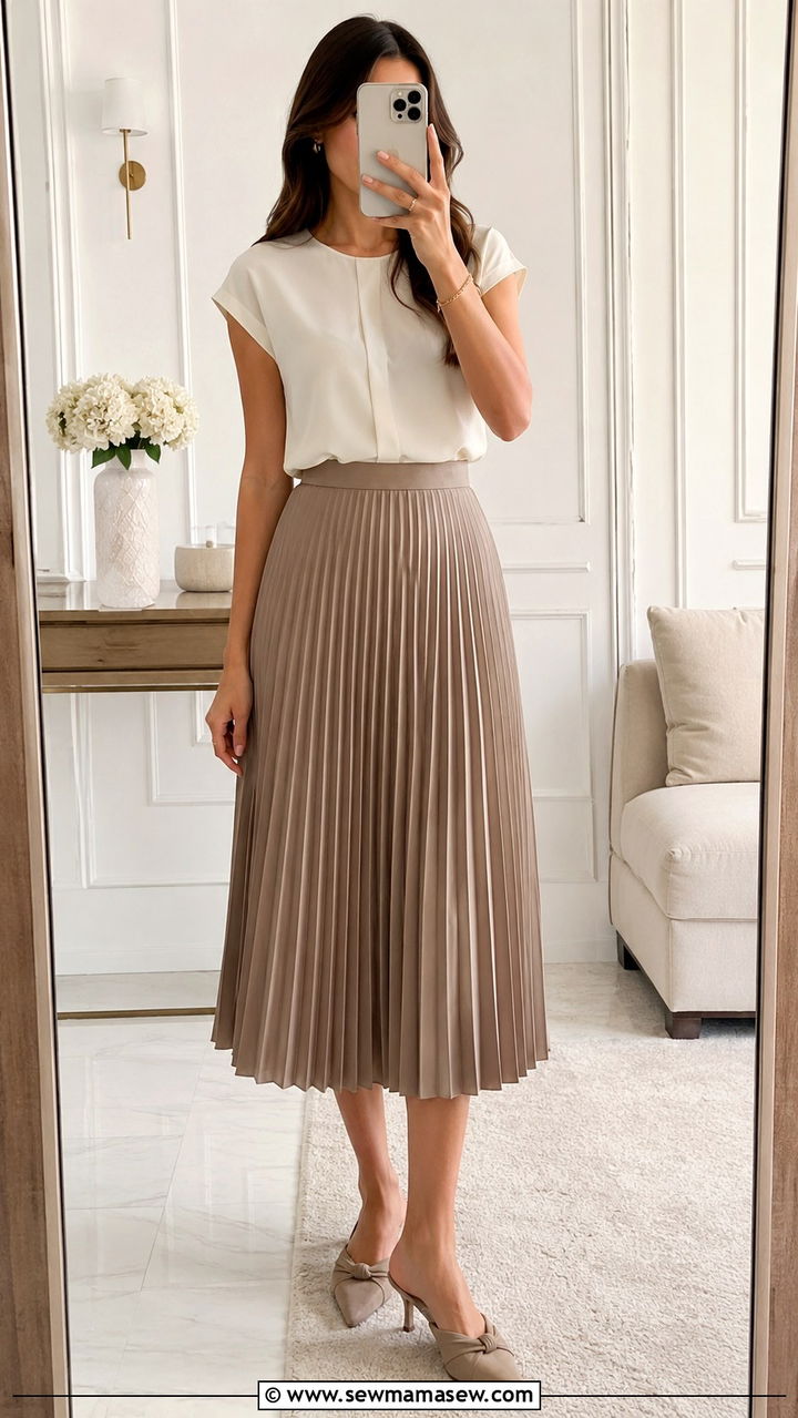 Pleated Midi Skirt and Cap Sleeve Blouse - 25 modest classy outfits to copy