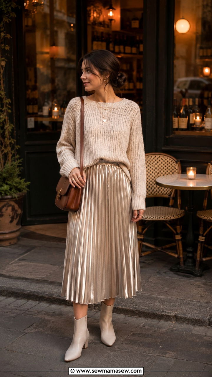 Pleated Midi Skirt and Chunky Knit Petite Paris Outfit - 25 Petite outfit ideas for Paris