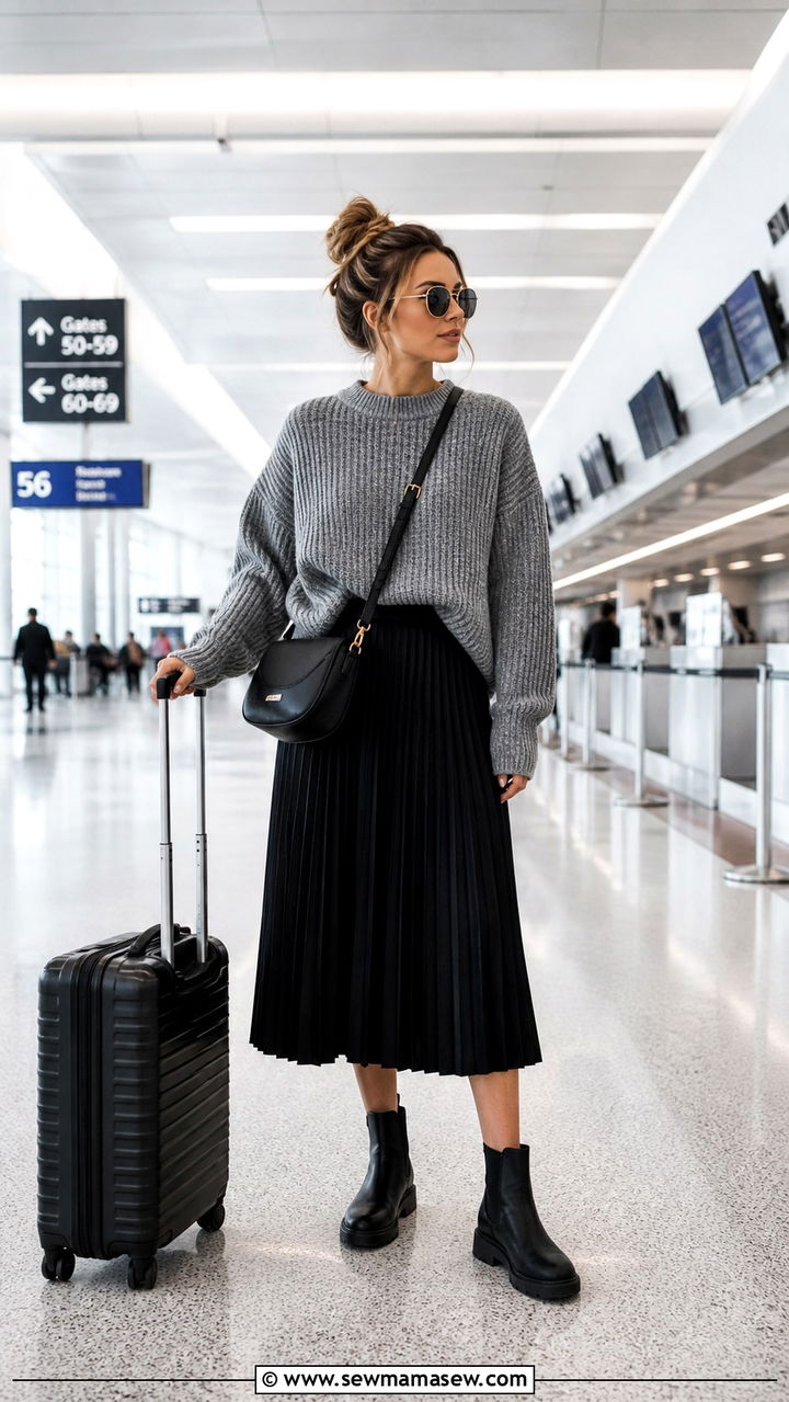 Pleated Midi Skirt and Chunky Sweater Airport Outfit - 40 Chic airport outfits