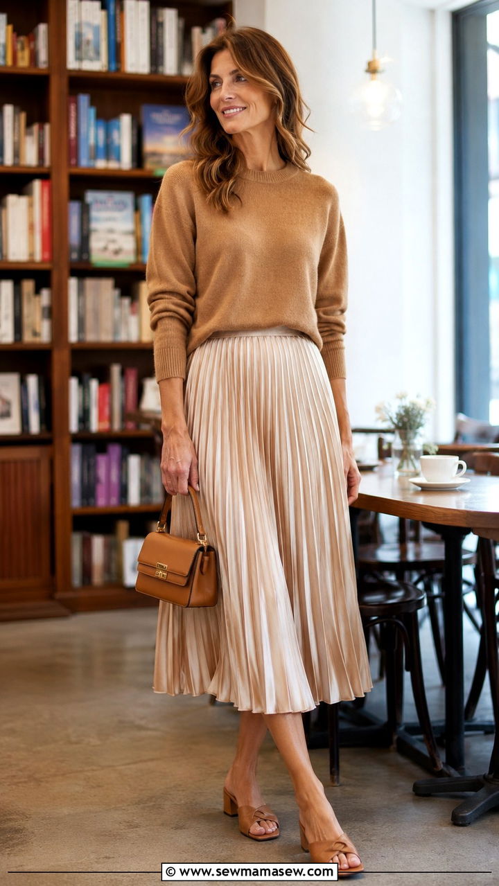 Pleated Midi Skirt and Crewneck Sweater Tall Women Over 40 - 30 Tall outfits for women over 40