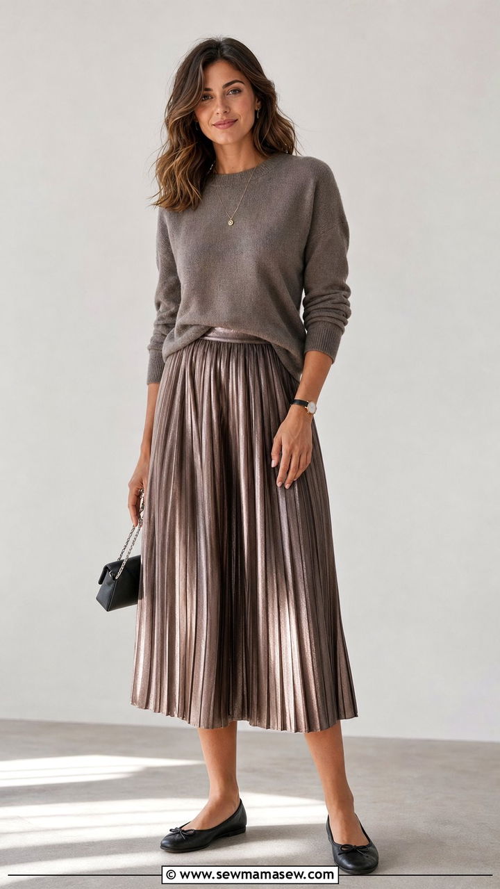 Pleated Midi Skirt and Crewneck Sweater - 25 elegant outfits inspo