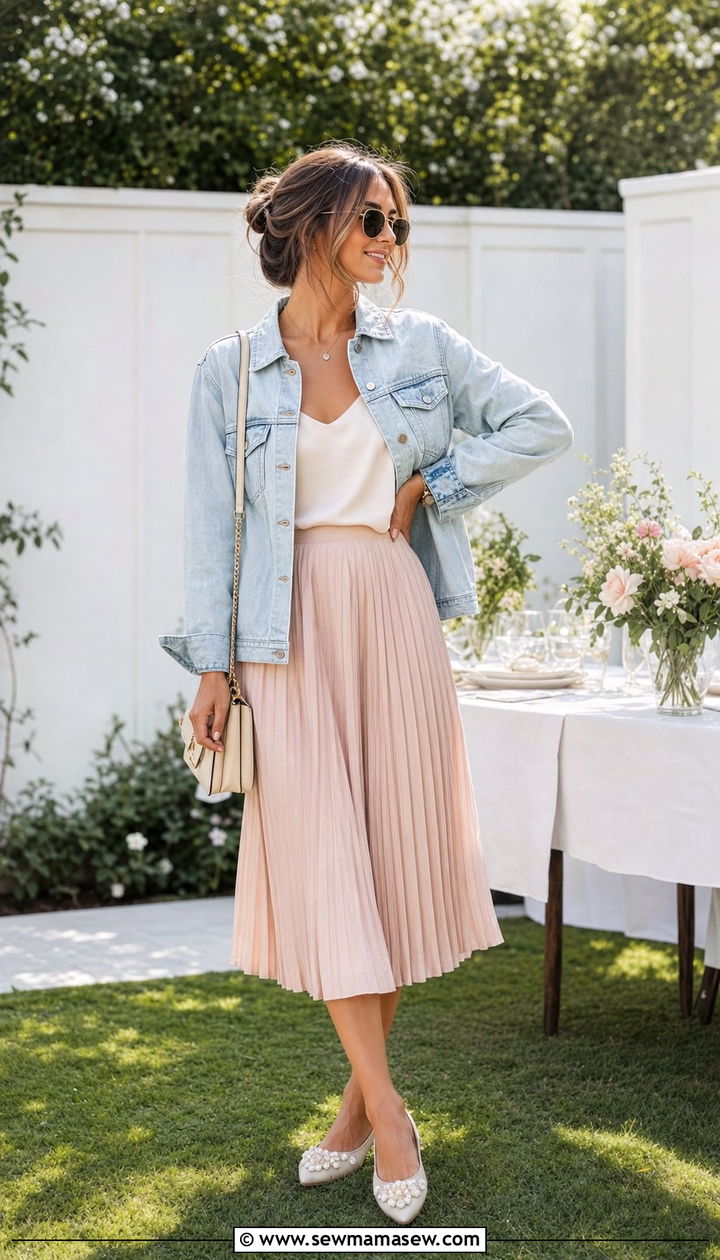 Pleated Midi Skirt and Denim Jacket with Ballet Flats - 25 Spring outfits with ballet flats