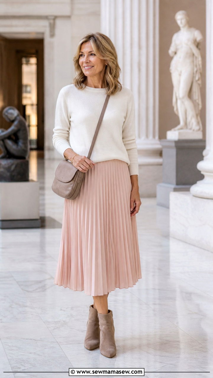 Pleated Midi Skirt and Fine Gauge Sweater - 40 How to dress in your 50s