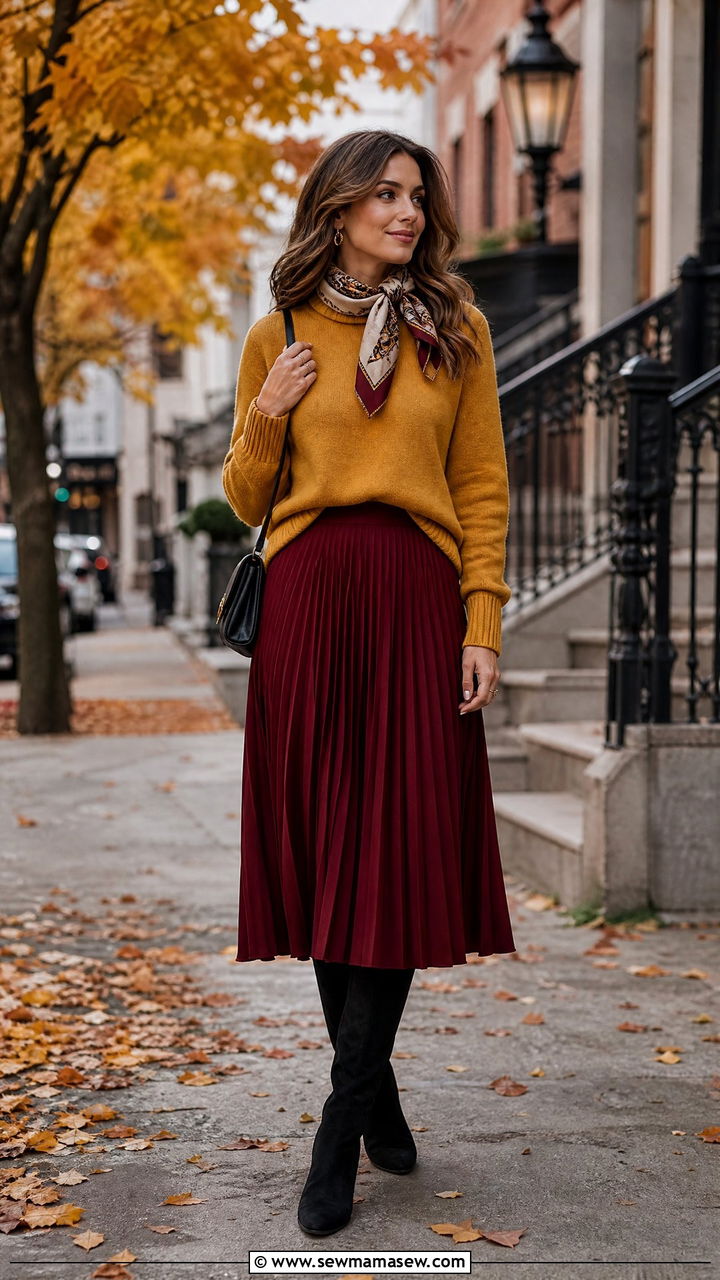 Pleated Midi Skirt and Fine Knit Sweater - 20 50 year old woman outfit ideas