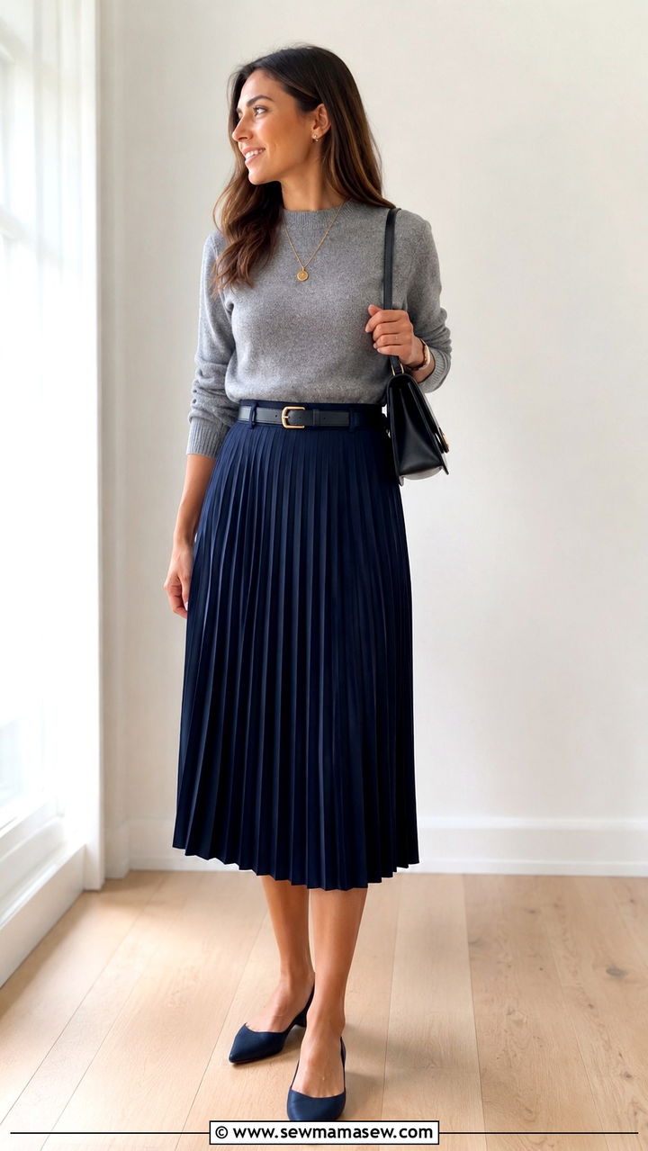 Pleated Midi Skirt and Fine Knit Sweater Work Outfit - 25 work outfits aesthetic