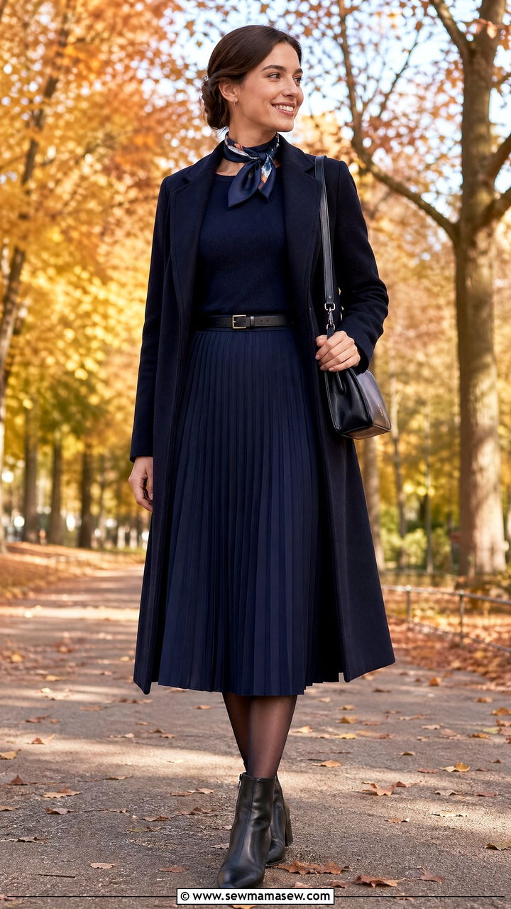 Pleated Midi Skirt and Fine Knit Sweater - 35 Flight attendant outfit ideas