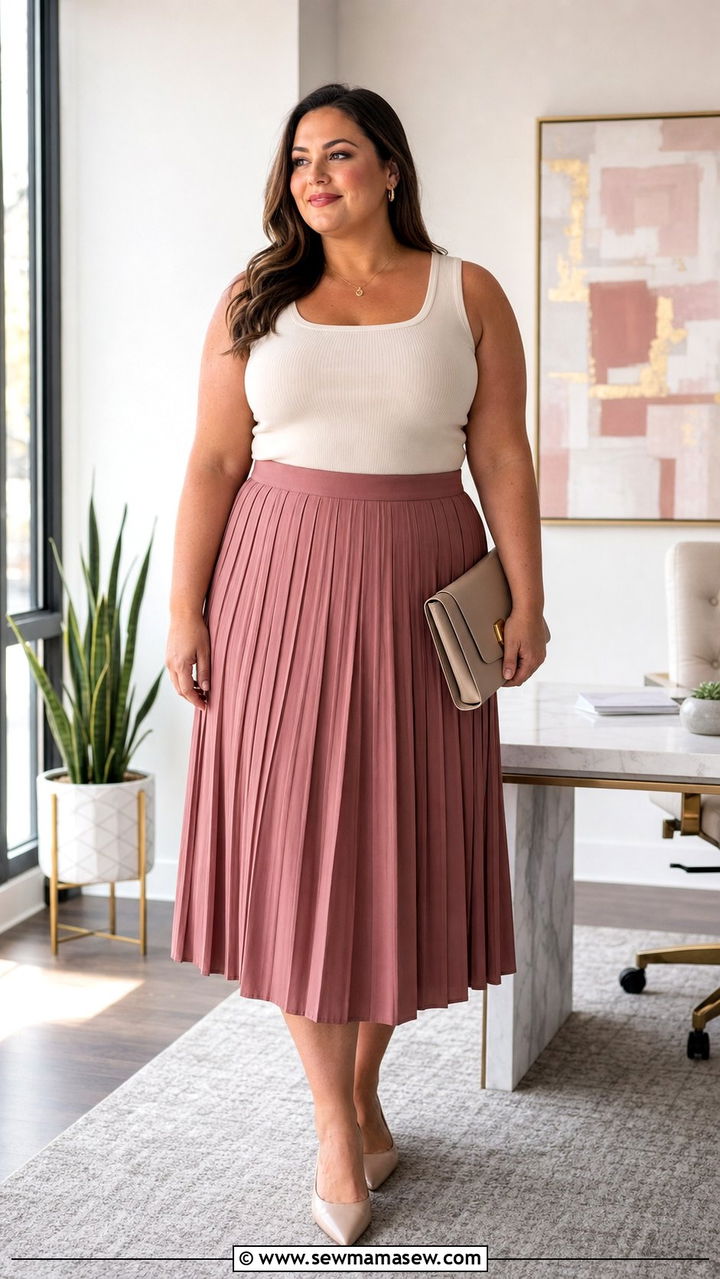 Pleated Midi Skirt and Fitted Knit Tank Outfit - 35 Business casual outfits for curvy women
