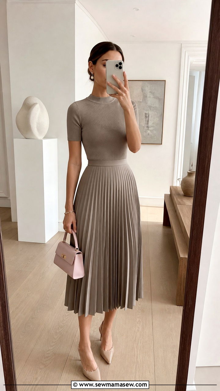 Pleated Midi Skirt and Fitted Knit Top - 20 Alexandria outfit ideas