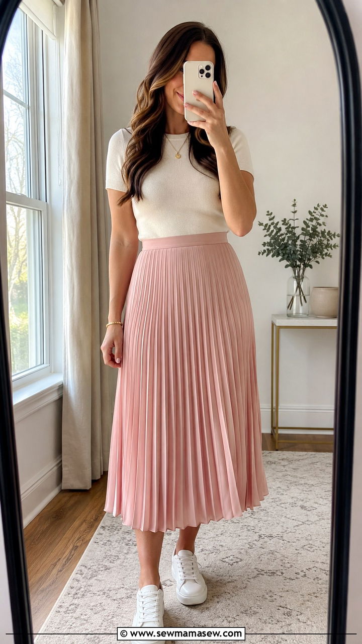 Pleated Midi Skirt and Fitted Knit Top - 30 Kindergarten graduation outfit ideas for moms