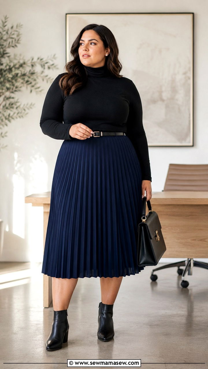 Pleated Midi Skirt and Fitted Turtleneck Outfit - 30 Minimalist outfit ideas plus size