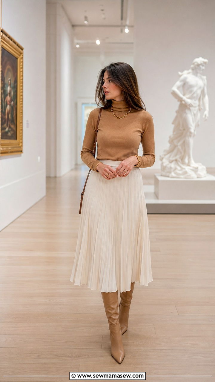 Pleated Midi Skirt and Fitted Turtleneck for Photoshoot - 25 Photoshoot outfits for midsize women