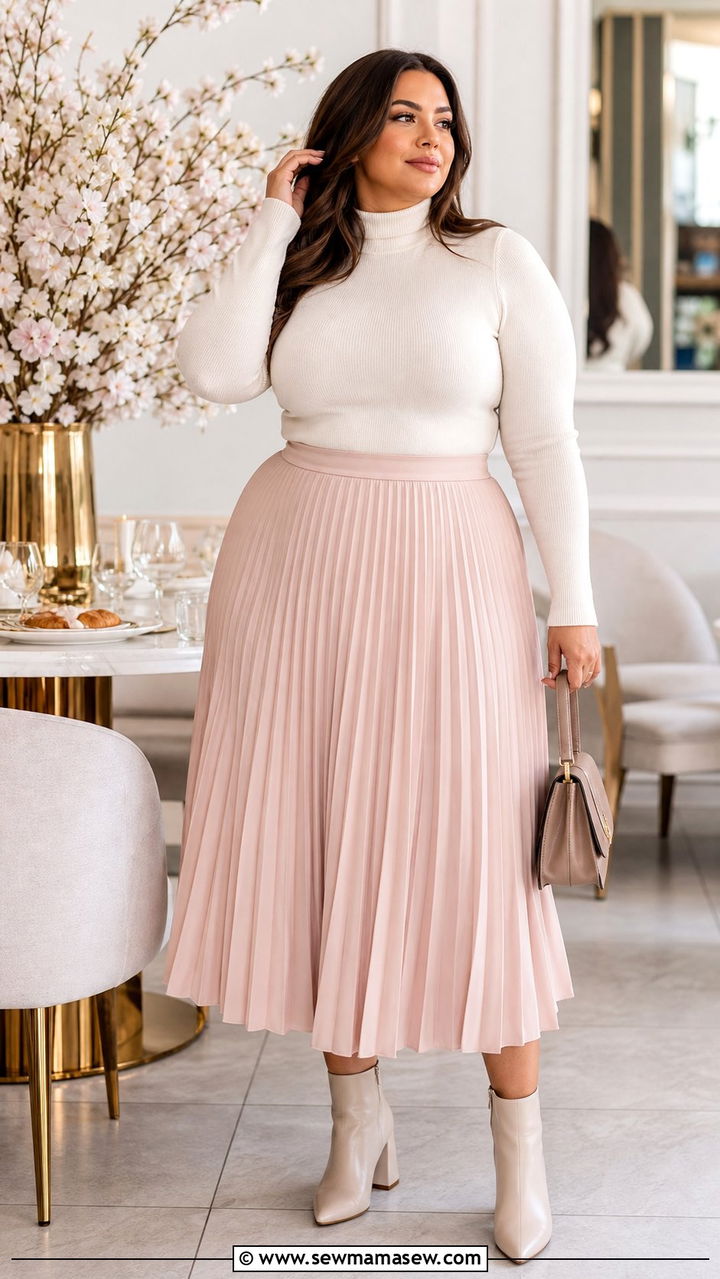 Pleated Midi Skirt and Fitted Turtleneck - 35 Brunch outfits for plus size