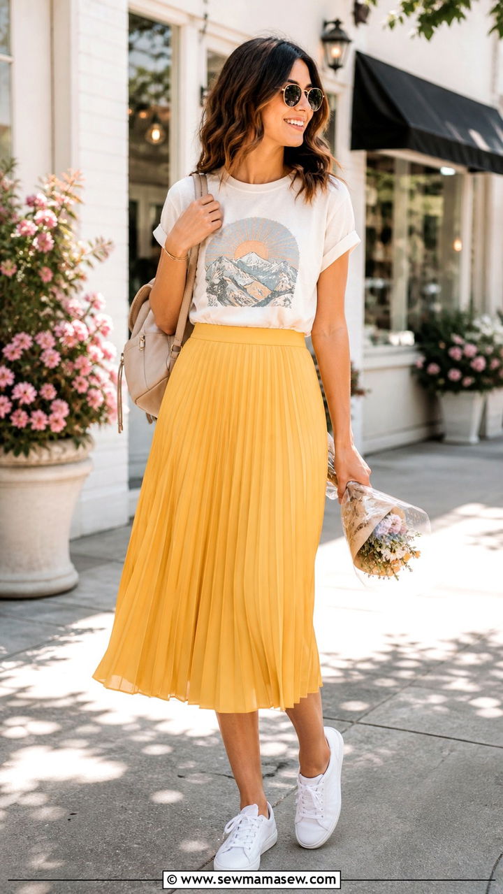 Pleated Midi Skirt and Graphic Tee Outfit - 40 spring shopping day outfit ideas