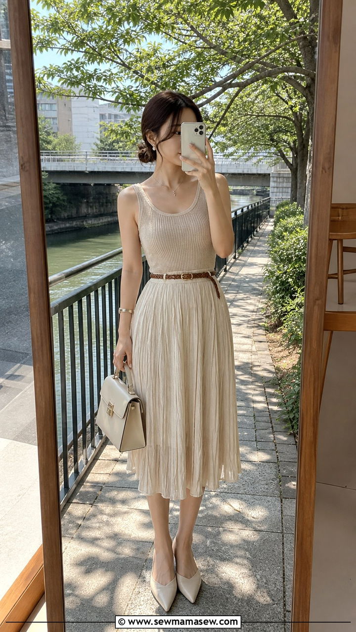 Pleated Midi Skirt and Knitted Tank Outfit - 40 Summer Japan outfit ideas
