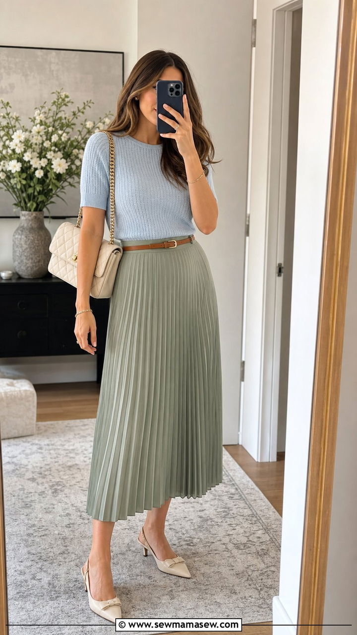 Pleated Midi Skirt and Lightweight Knit Outfit - 25 spring warm weather outfit ideas
