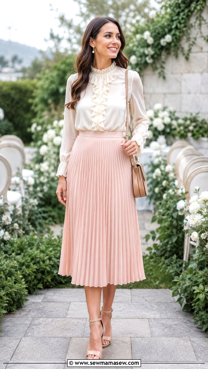 Pleated Midi Skirt and Ruffled Blouse - 30 modest graduation outfit ideas
