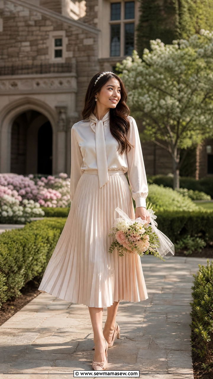 Pleated Midi Skirt and Satin Blouse - 25 Graduation photo outfit ideas