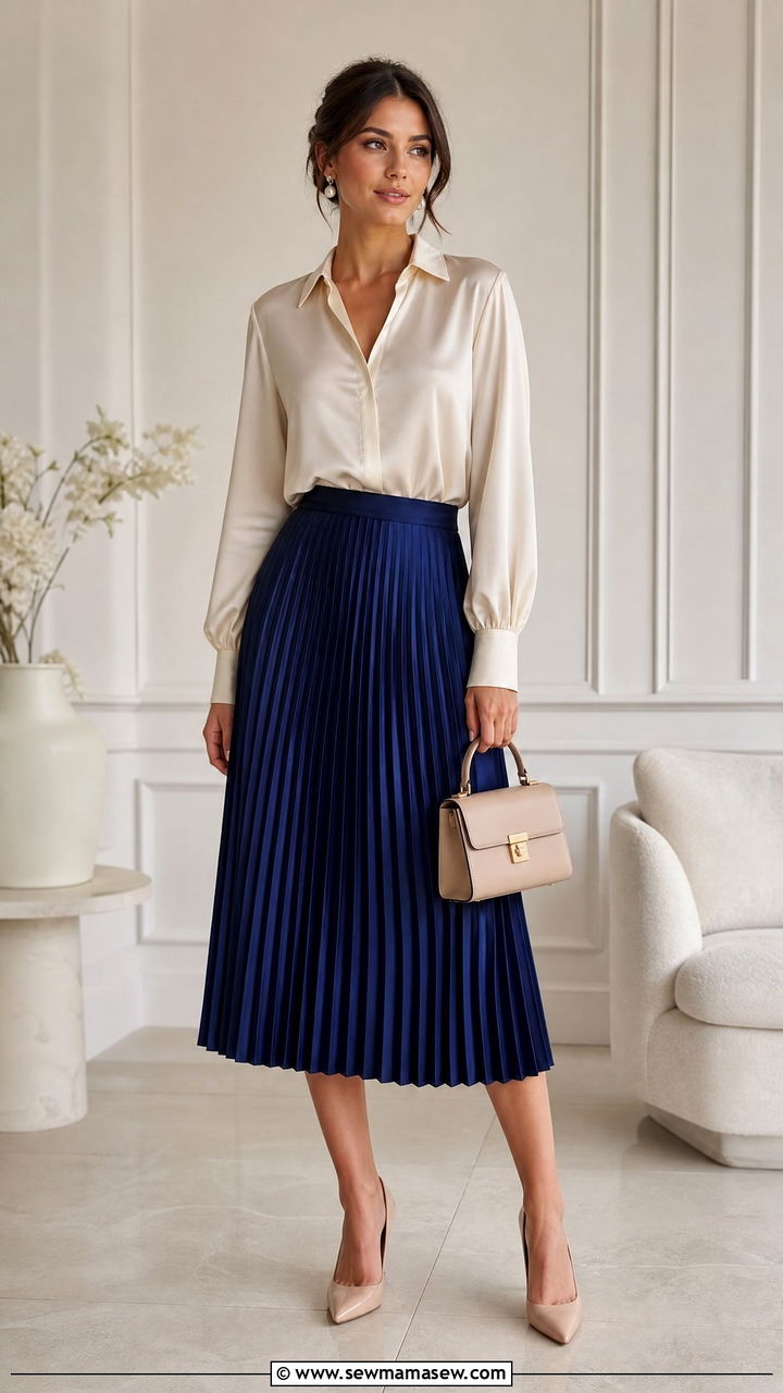 Pleated Midi Skirt and Silk Blouse Wedding Outfit - 25 How to style a midi skirt for a wedding