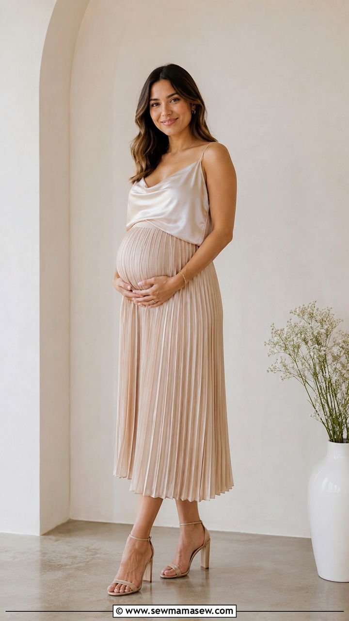 Pleated Midi Skirt and Silk Camisole - 30 classy baby shower outfit ideas