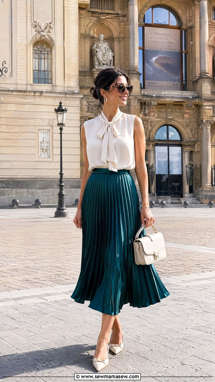 Pleated Midi Skirt and Sleeveless Blouse Outfit - 35 European summer outfits for women