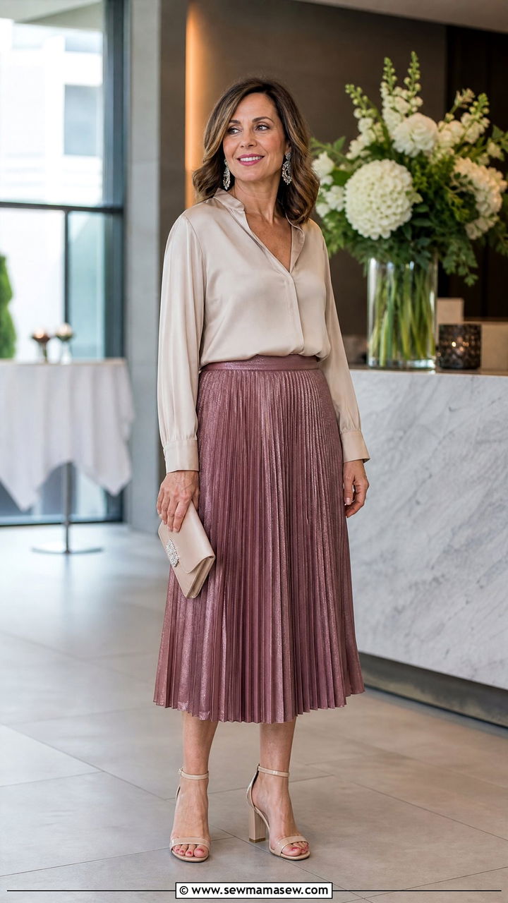Pleated Midi Skirt and Sleeveless Silky Blouse - 25 bridal shower outfits for women over 40