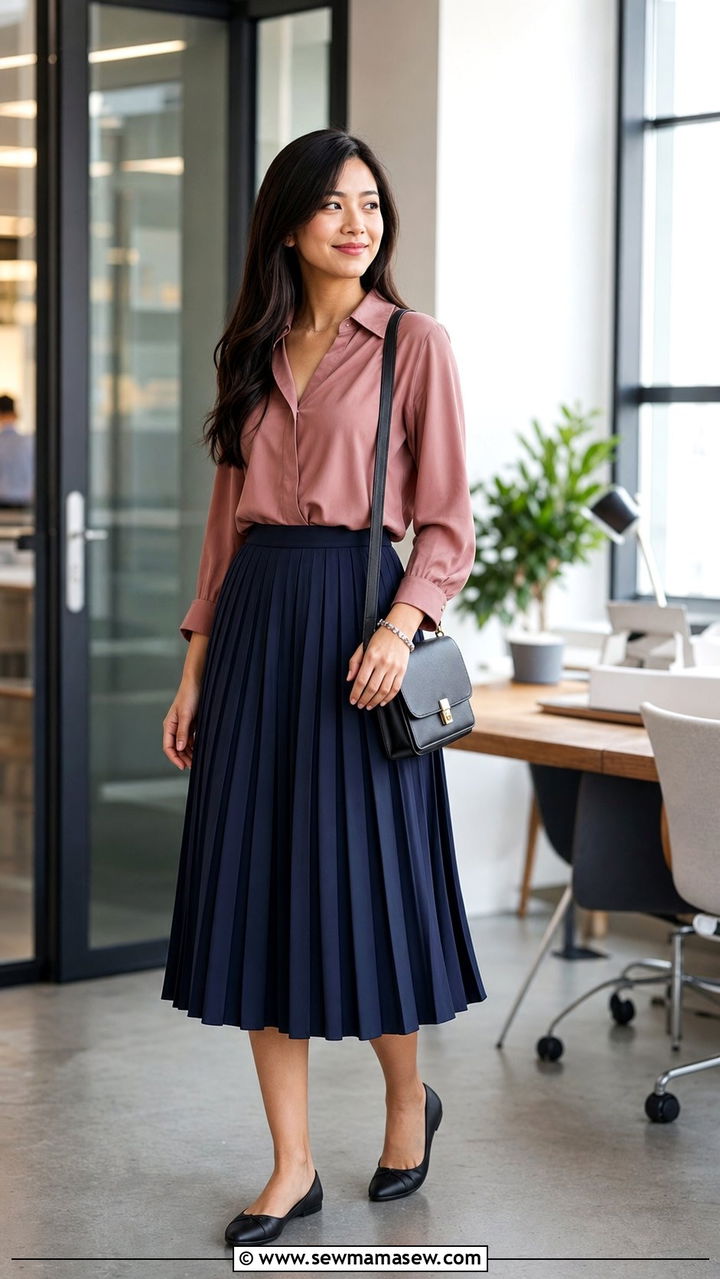 Pleated Midi Skirt and Soft Blouse Office Look - 35 Business casual outfits for first job