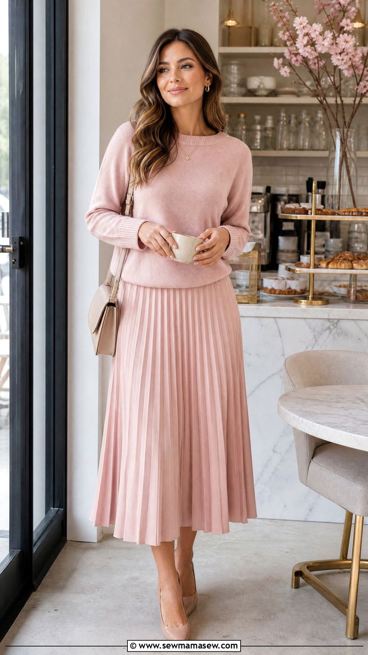 Pleated Midi Skirt and Sweater Co Ord - 25 Matching set outfit ideas modest