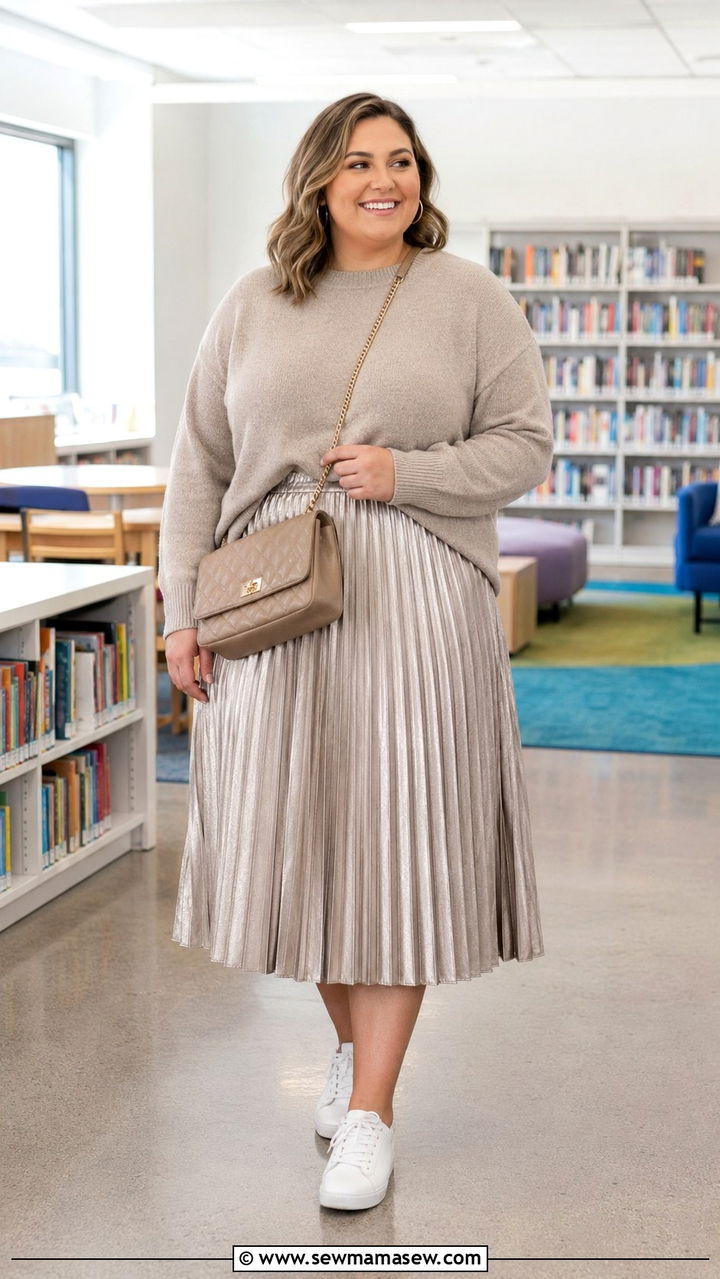 Pleated Midi Skirt and Sweater Teacher Outfit - 30 Teacher outfits plus size