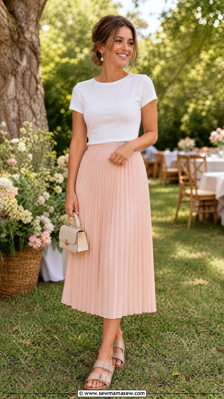 Pleated Midi Skirt and Tailored Tee - 30 Family reunion outfit ideas summer