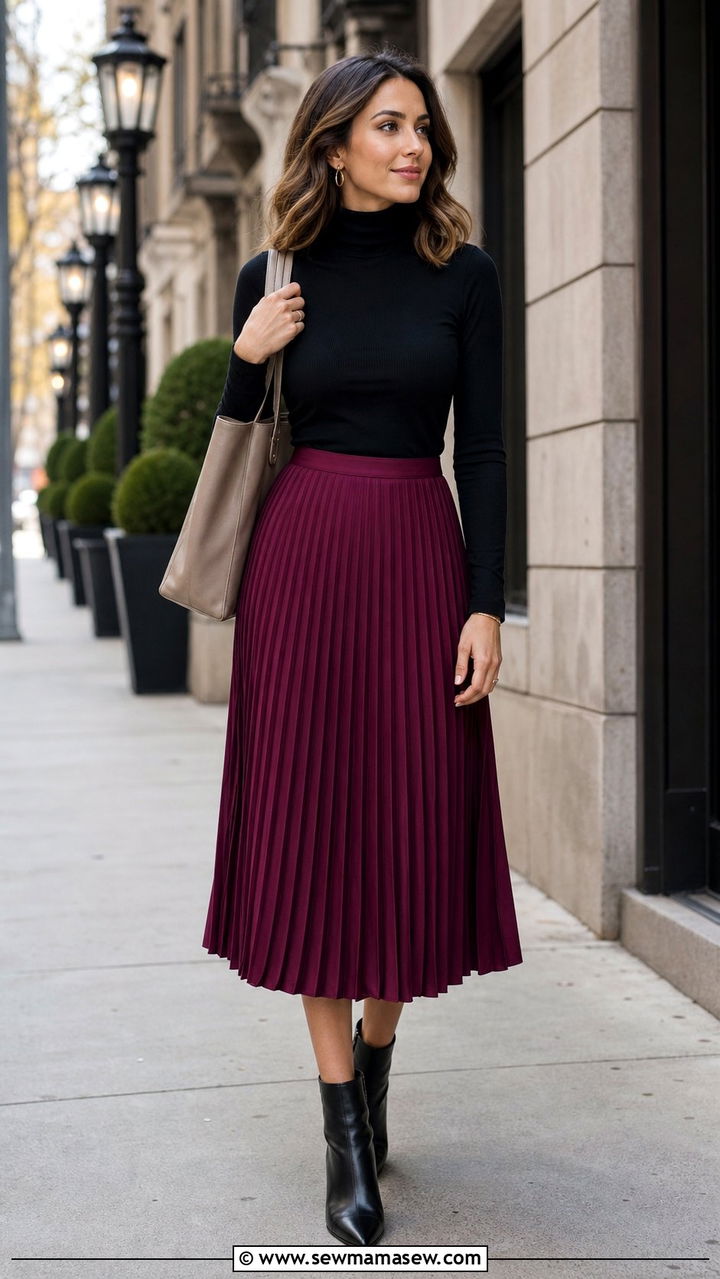 Pleated Midi Skirt with Black Turtleneck and Ankle Boots - 25 cute modest classy outfits