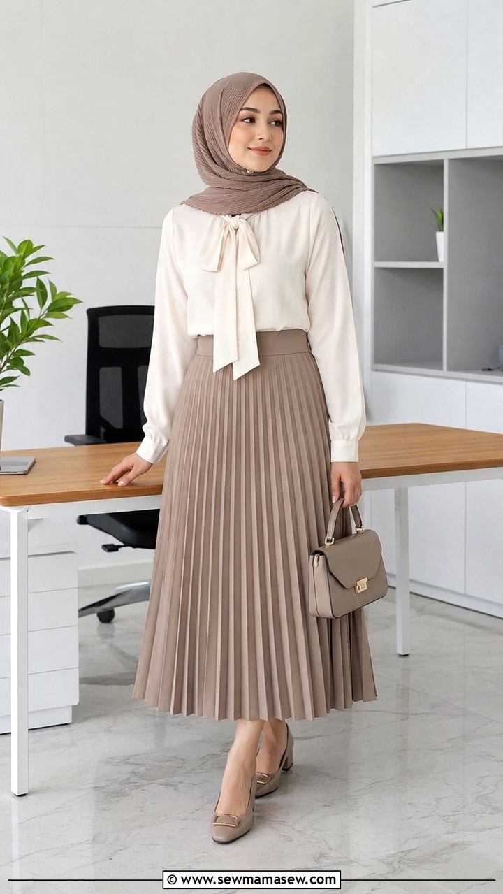 Pleated Midi Skirt with Blouse and Coordinated Hijab - 25 work outfits for hijab women