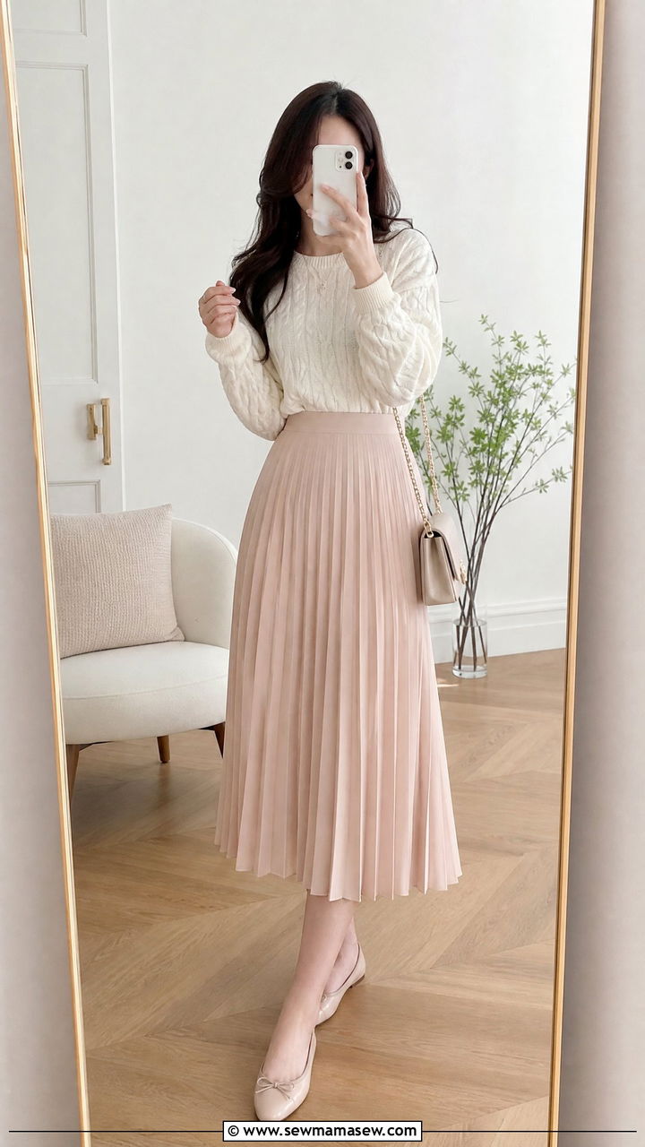 Pleated Midi Skirt with Cable Knit Sweater and Ballet Flats - 25 casual classy outfits