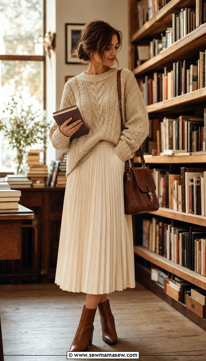 Pleated Midi Skirt with Cable Knit Sweater - 25 cute light academia outfits