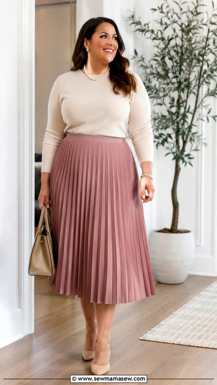 Pleated Midi Skirt with Cashmere Sweater - 30 Office outfit ideas plus size