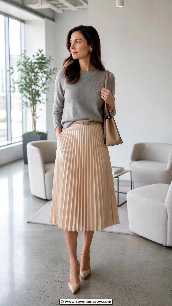 Pleated Midi Skirt with Cashmere Sweater and Pumps - 30 Marketing manager outfit ideas