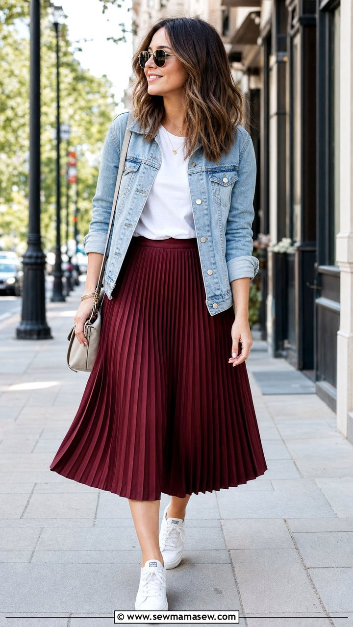 Pleated Midi Skirt with Denim Jacket and White Trainers - 35 casual midi skirt outfits