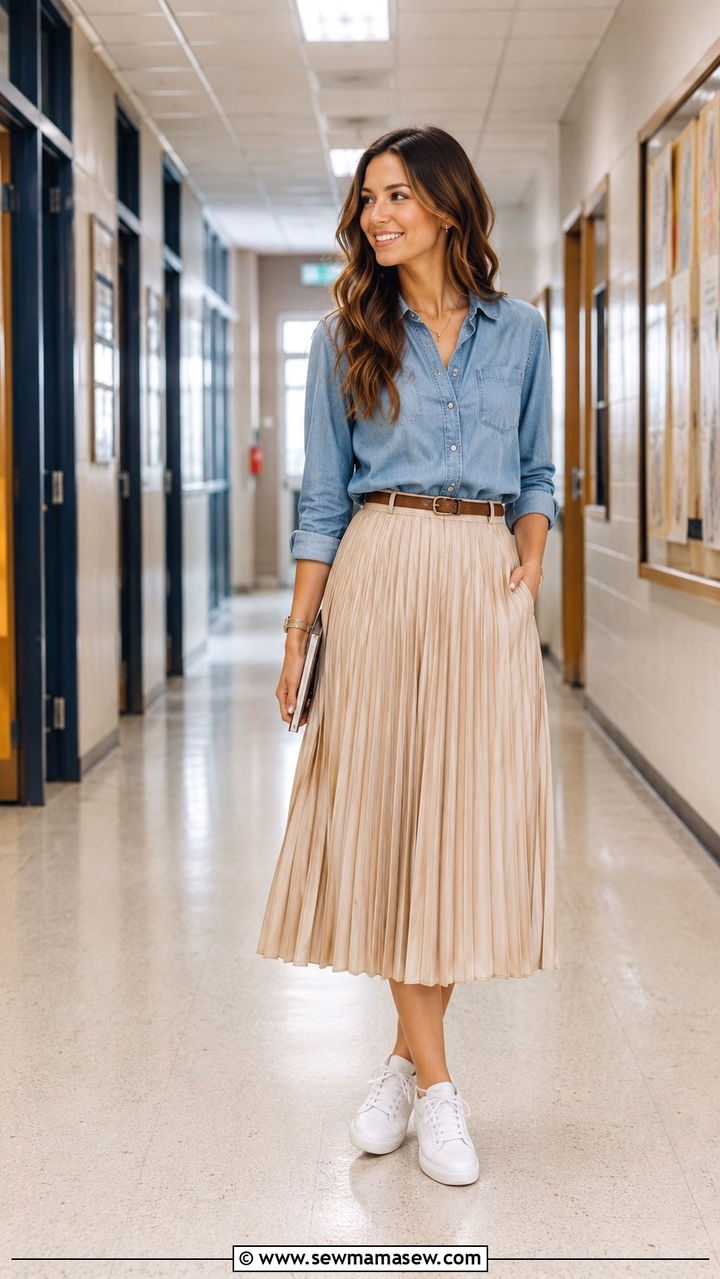 Pleated Midi Skirt with Denim Shirt Outfit - 30 teacher outfits 2026