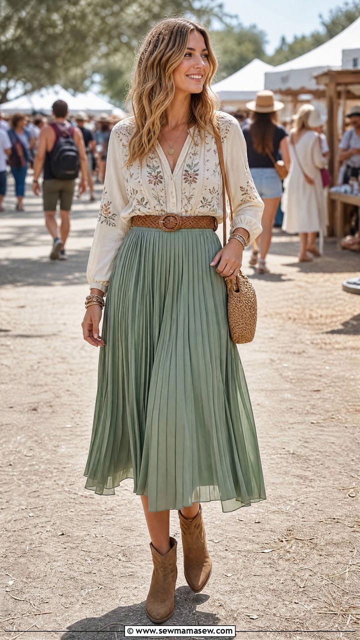 Pleated Midi Skirt with Embroidered Top - 30 modest country concert outfit ideas