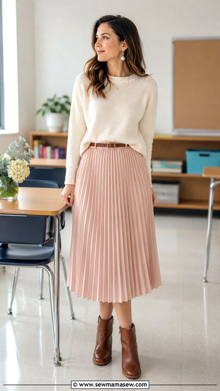 Pleated Midi Skirt with Fine Gauge Sweater and Ankle Boots - 30 Spring outfit ideas for teacher