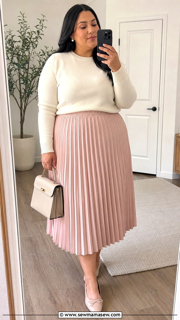 Pleated Midi Skirt with Fine Knit Sweater - 25 Plus size outfit ideas for 16-18