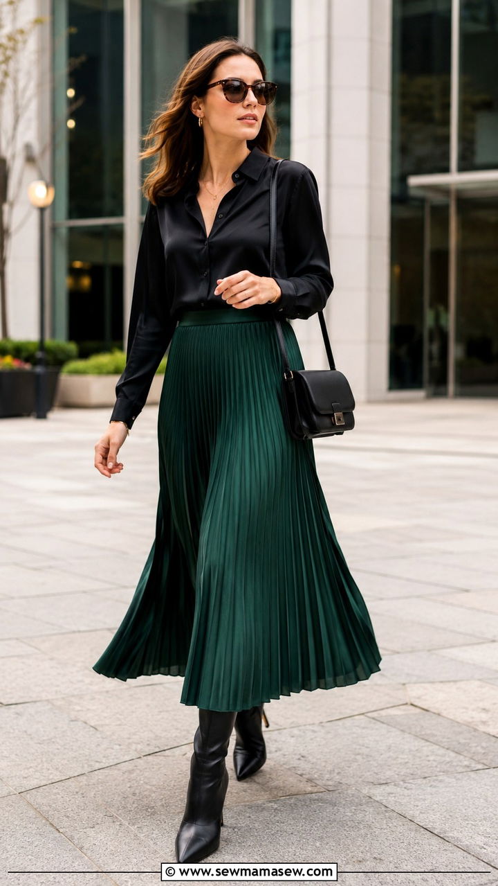 Pleated Midi Skirt with Fitted Blouse - 25 work outfits for rectangle body shape