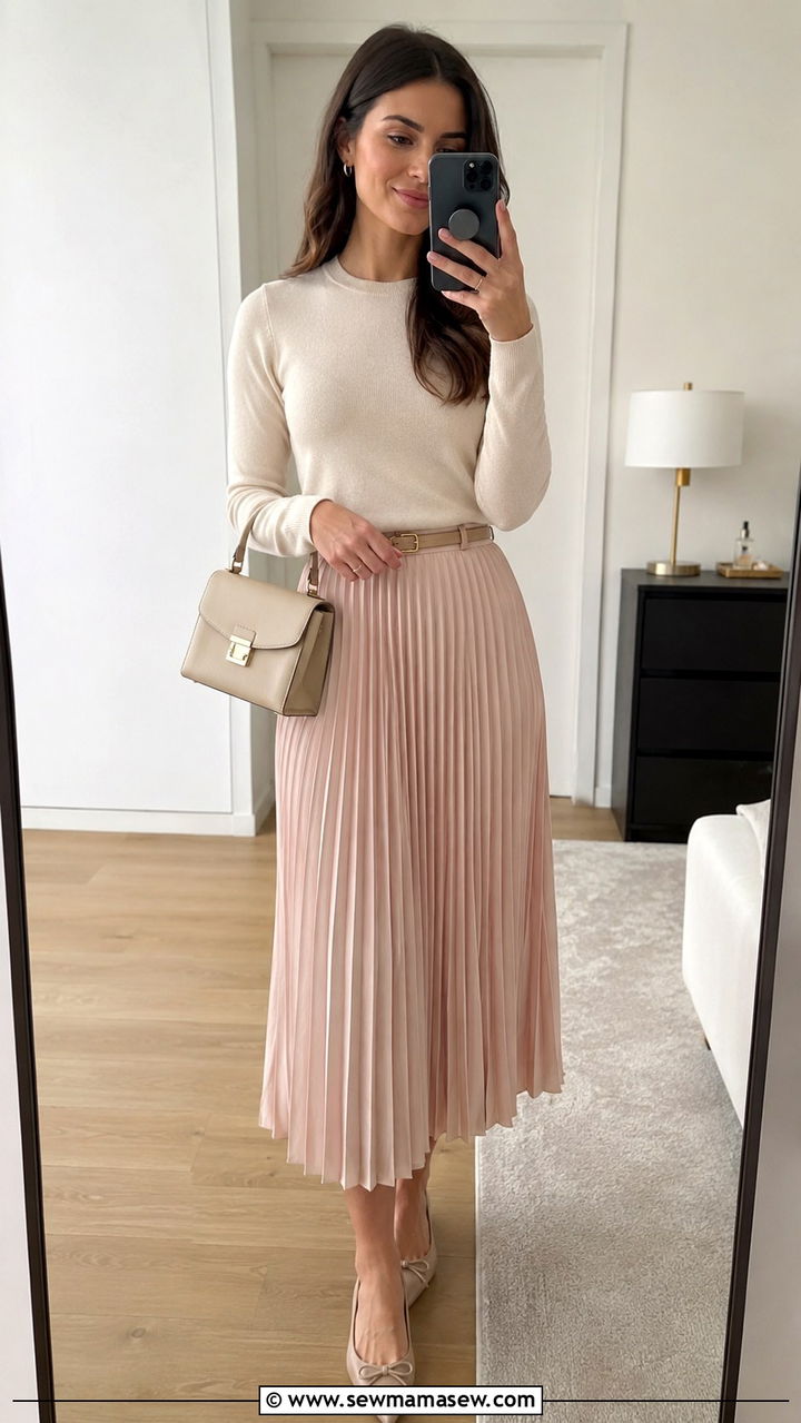 Pleated Midi Skirt with Fitted Cashmere Sweater - 30 classy aesthetic outfits