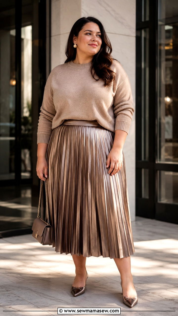 Pleated Midi Skirt with Fitted Cashmere Sweater - 25 Plus size outfit ideas for 14-16