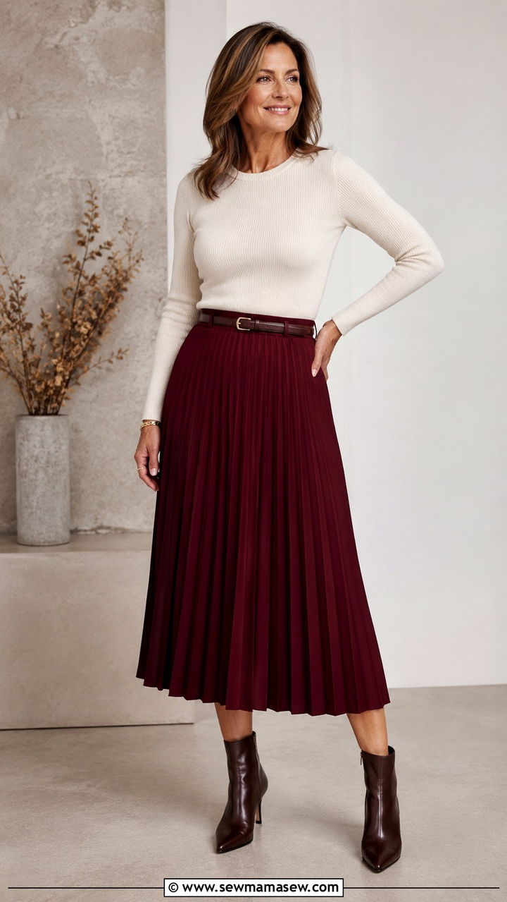 Pleated Midi Skirt with Fitted Fine Knit Sweater - 30 Outfit ideas for women over 45