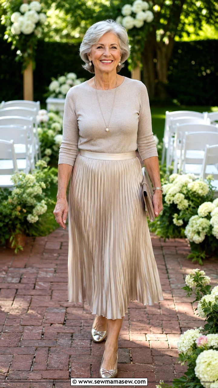 Pleated Midi Skirt with Fitted Knit Top - 30 Graduation outfits for women over 60