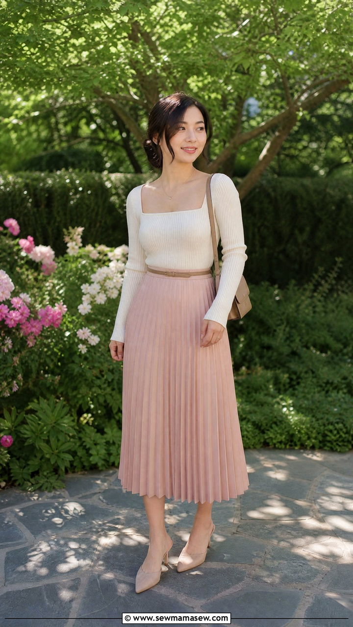 Pleated Midi Skirt with Fitted Knit Top Outfit - 25 Petite outfit ideas under 5 feet