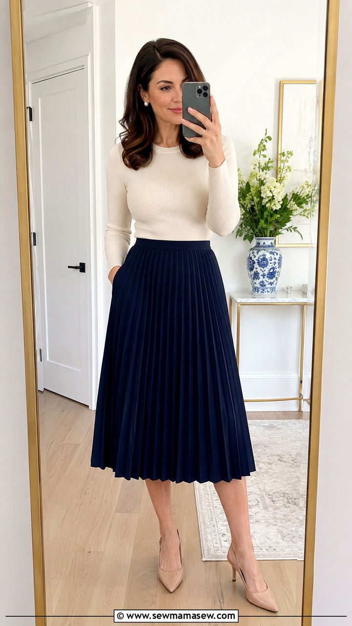 Pleated Midi Skirt with Fitted Knit Top and Slingbacks - 30 classy outfits for moms