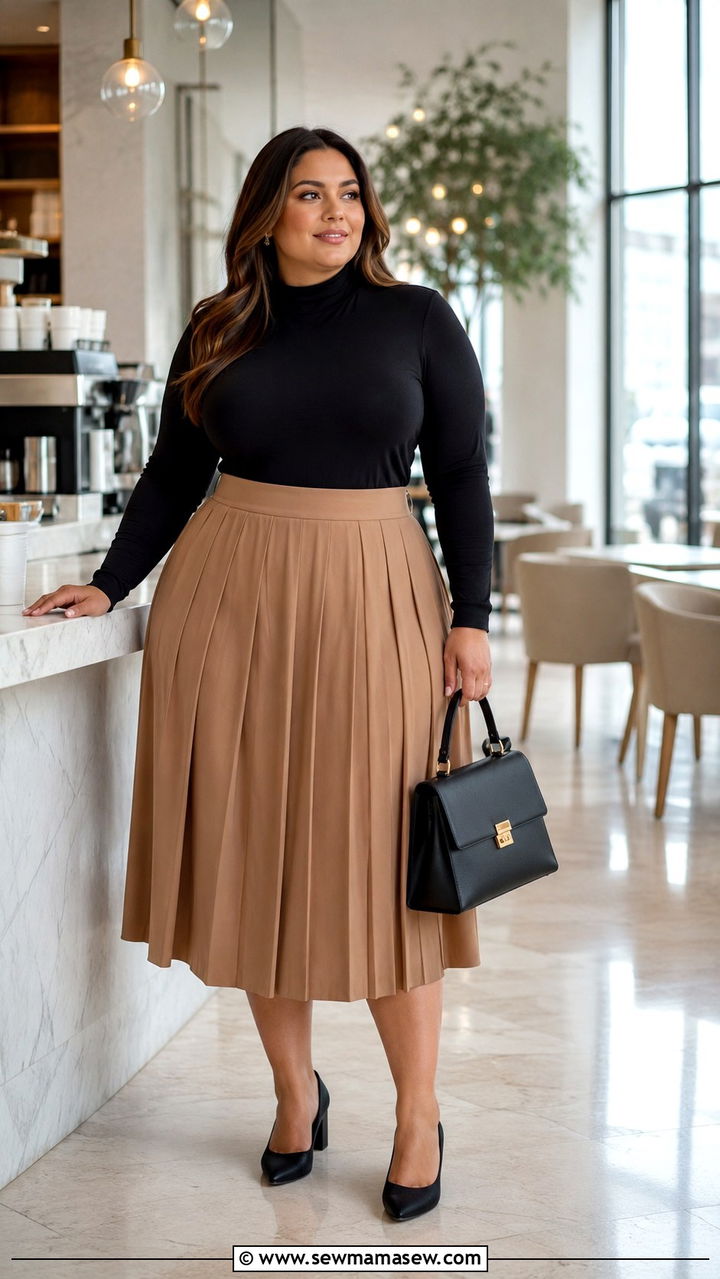 Pleated Midi Skirt with Fitted Mock Neck - 30 Plus size corporate outfit ideas